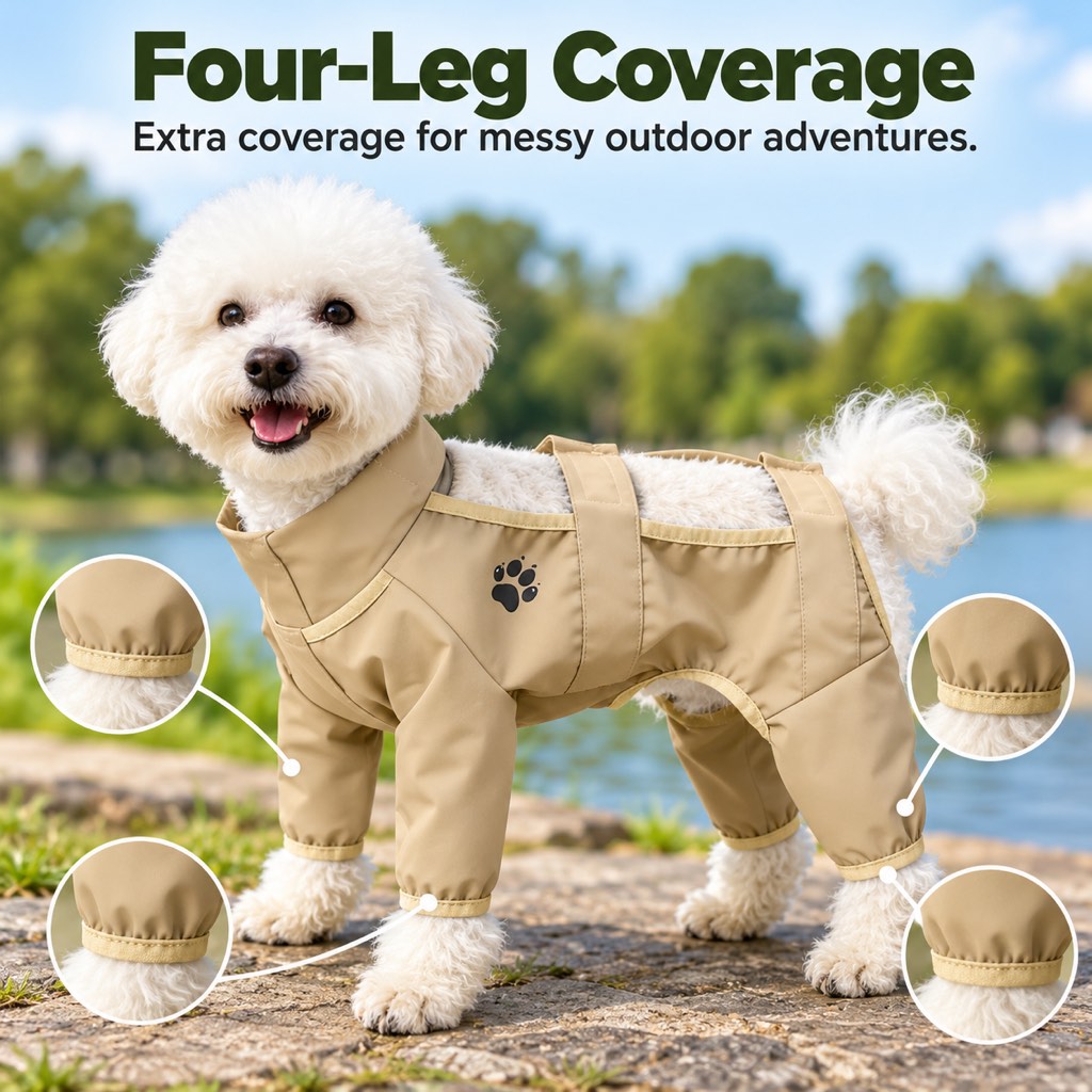 Khaki dog dust suit with coverage for all four legs
