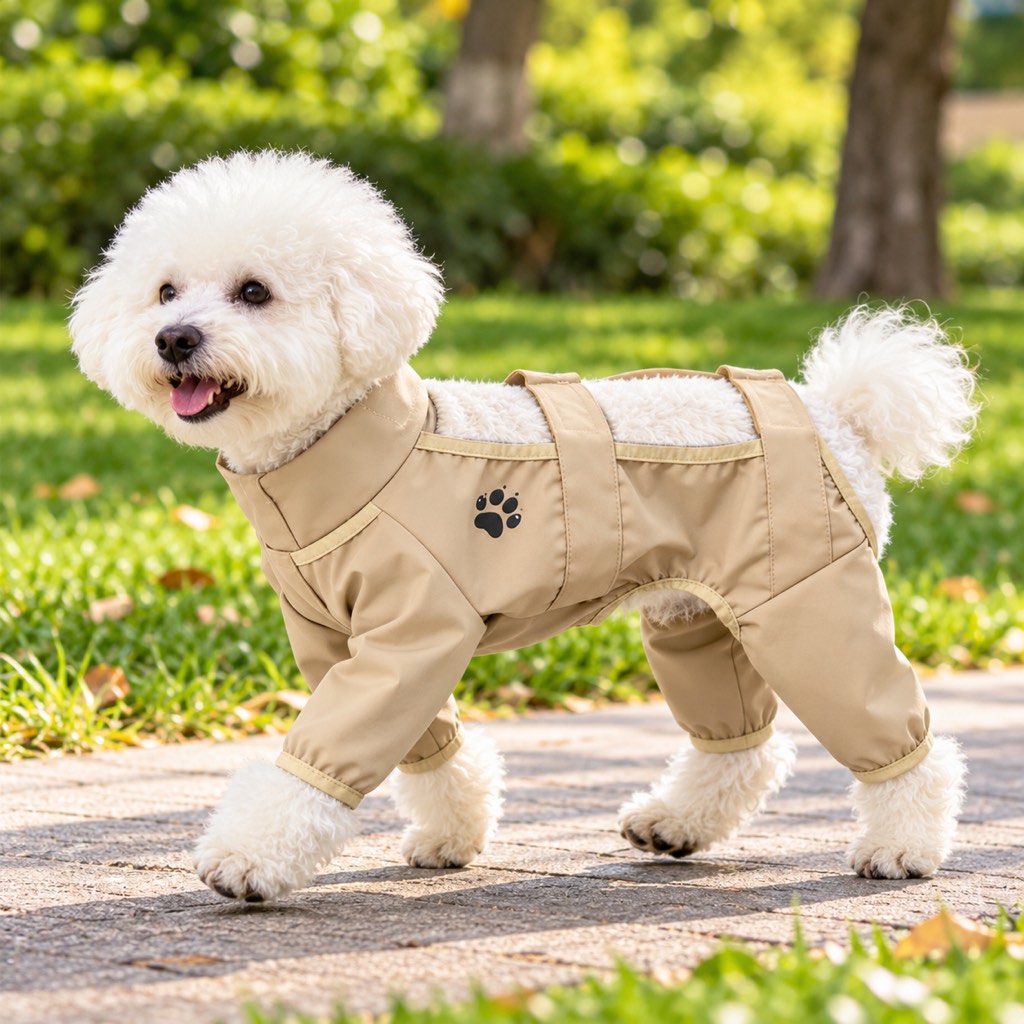 Khaki four-leg dog dust protection suit for outdoor walks