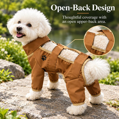 Open-back design with dual straps on a caramel brown dog dust suit