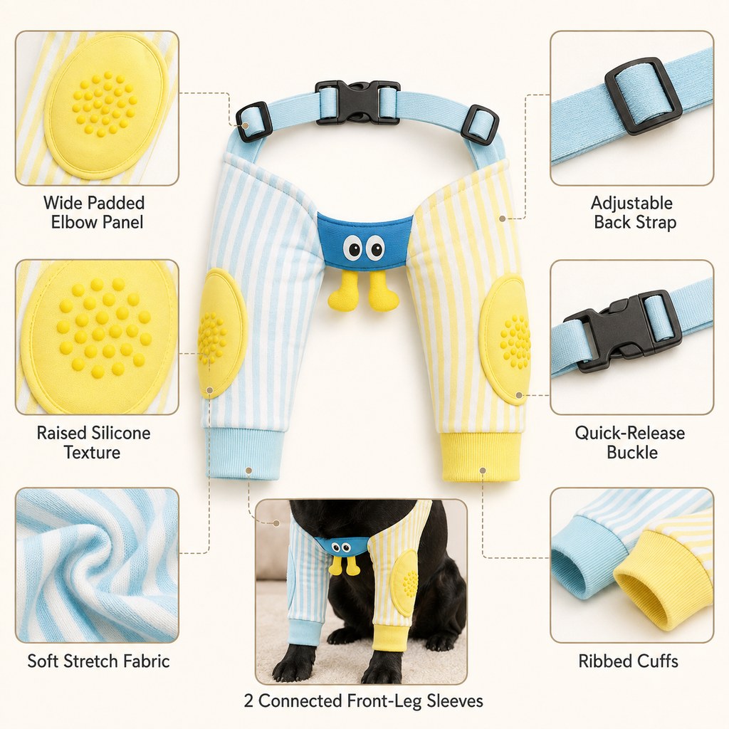 Dog elbow protector sleeves product details with buckle strap and ribbed cuffs