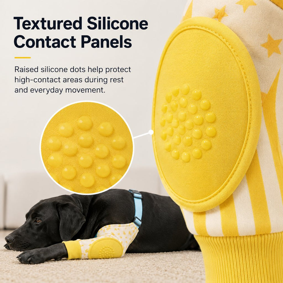 Textured silicone contact panels on dog elbow protector sleeves