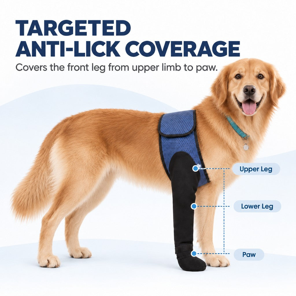 Targeted anti-lick dog front leg coverage from upper limb to paw