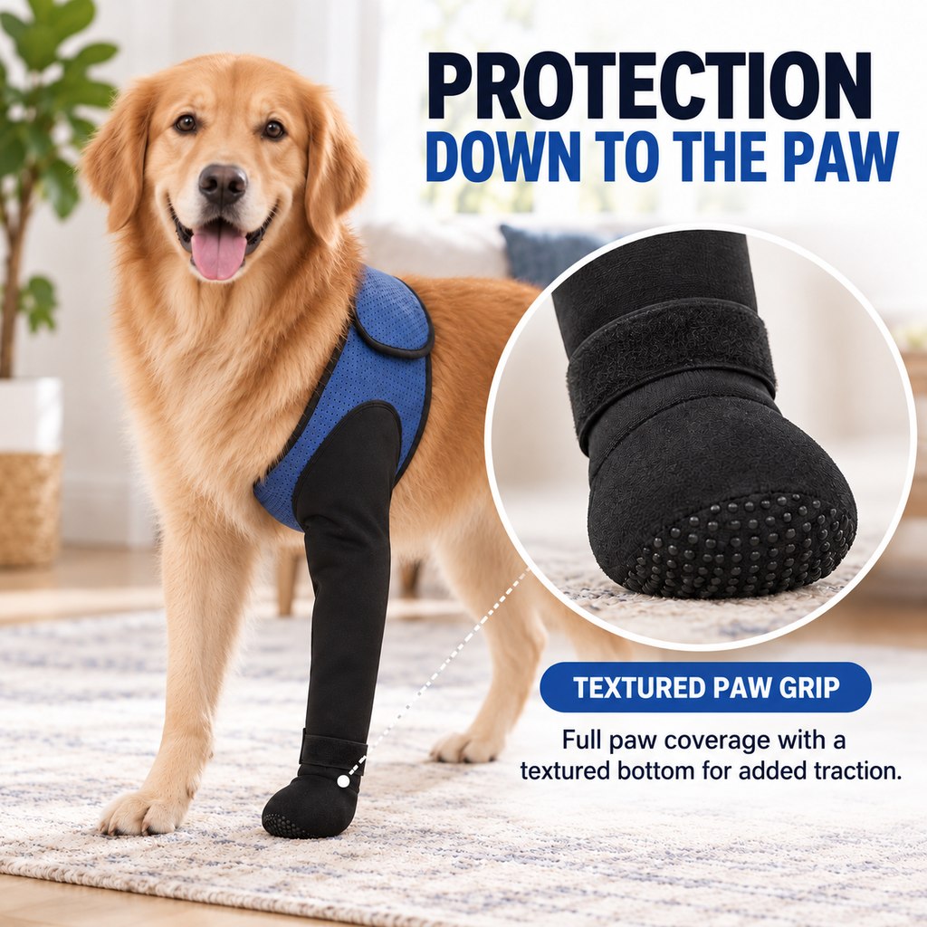 Dog front leg brace with full paw coverage and textured grip