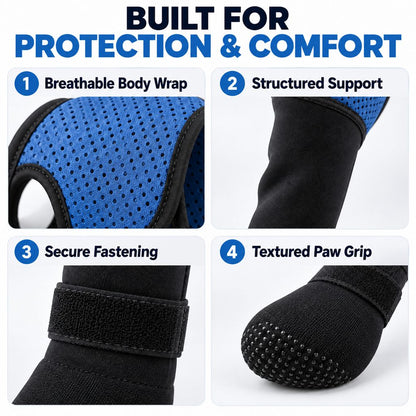 Breathable dog recovery sleeve fastening and paw grip details