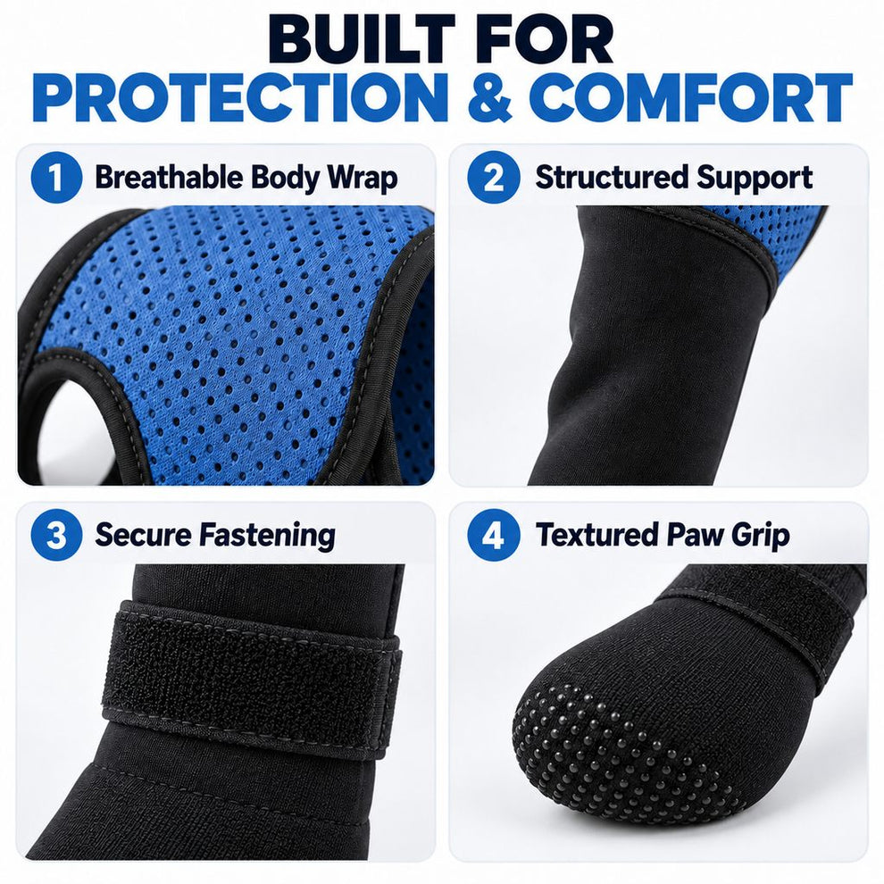 Breathable dog recovery sleeve fastening and paw grip details