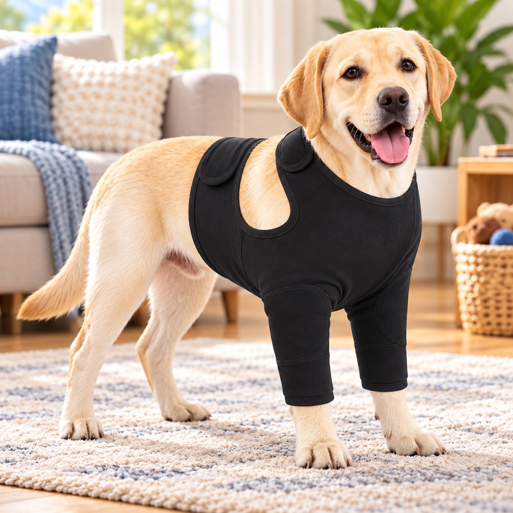 Dog wearing the black two-front-leg recovery sleeve
