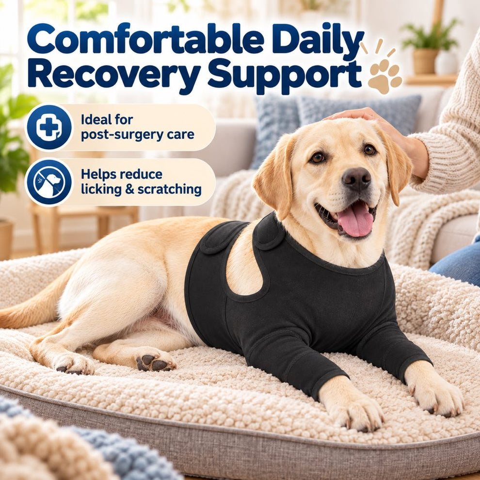 Dog resting at home in a black front-leg recovery sleeve