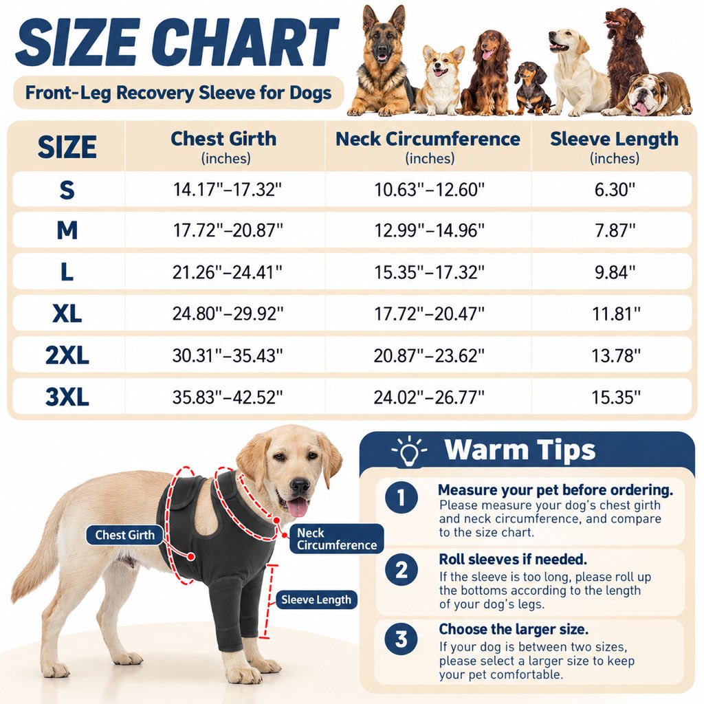Size chart for black dog front-leg recovery sleeve S to 3XL