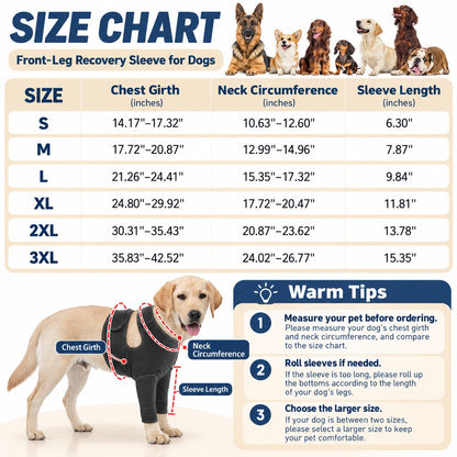 Size chart for black dog front-leg recovery sleeve S to 3XL