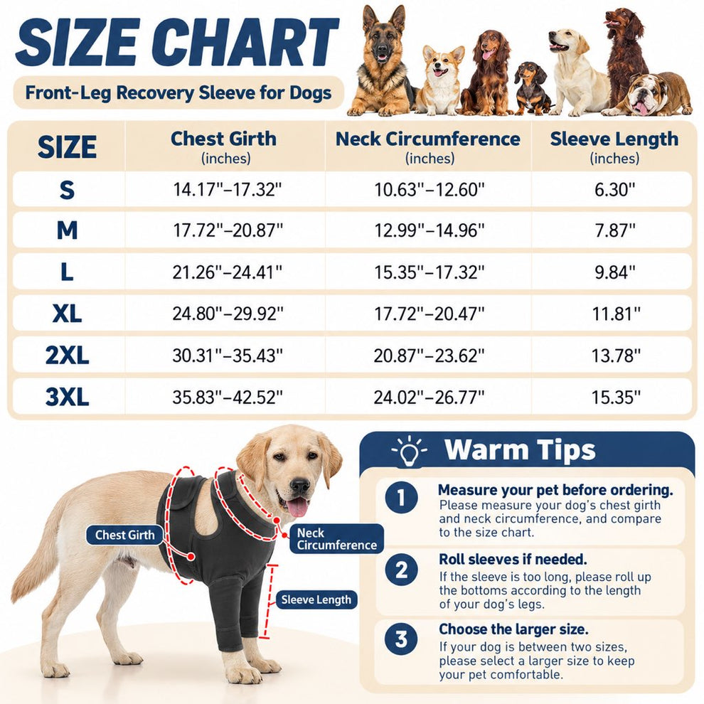 Size chart for black dog front-leg recovery sleeve S to 3XL