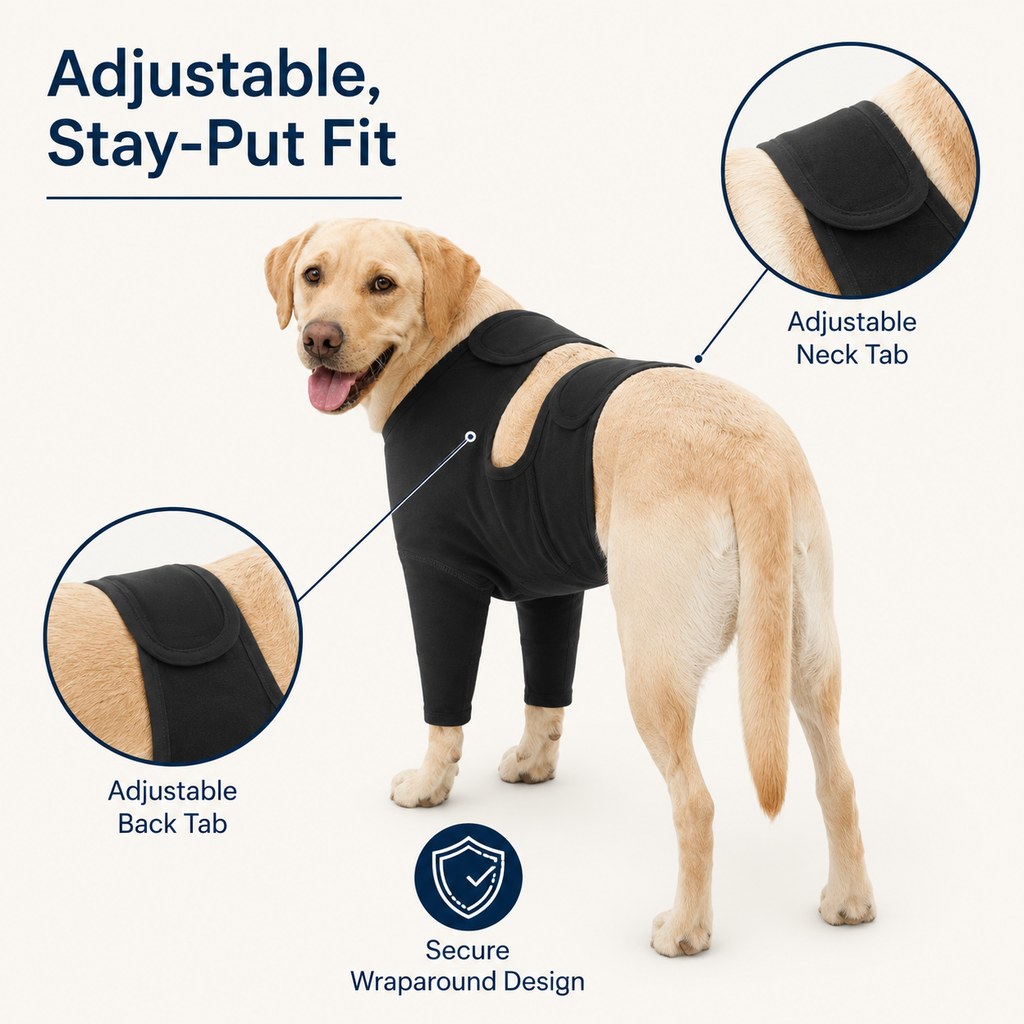 Adjustable wraparound dog recovery suit with neck and back tabs