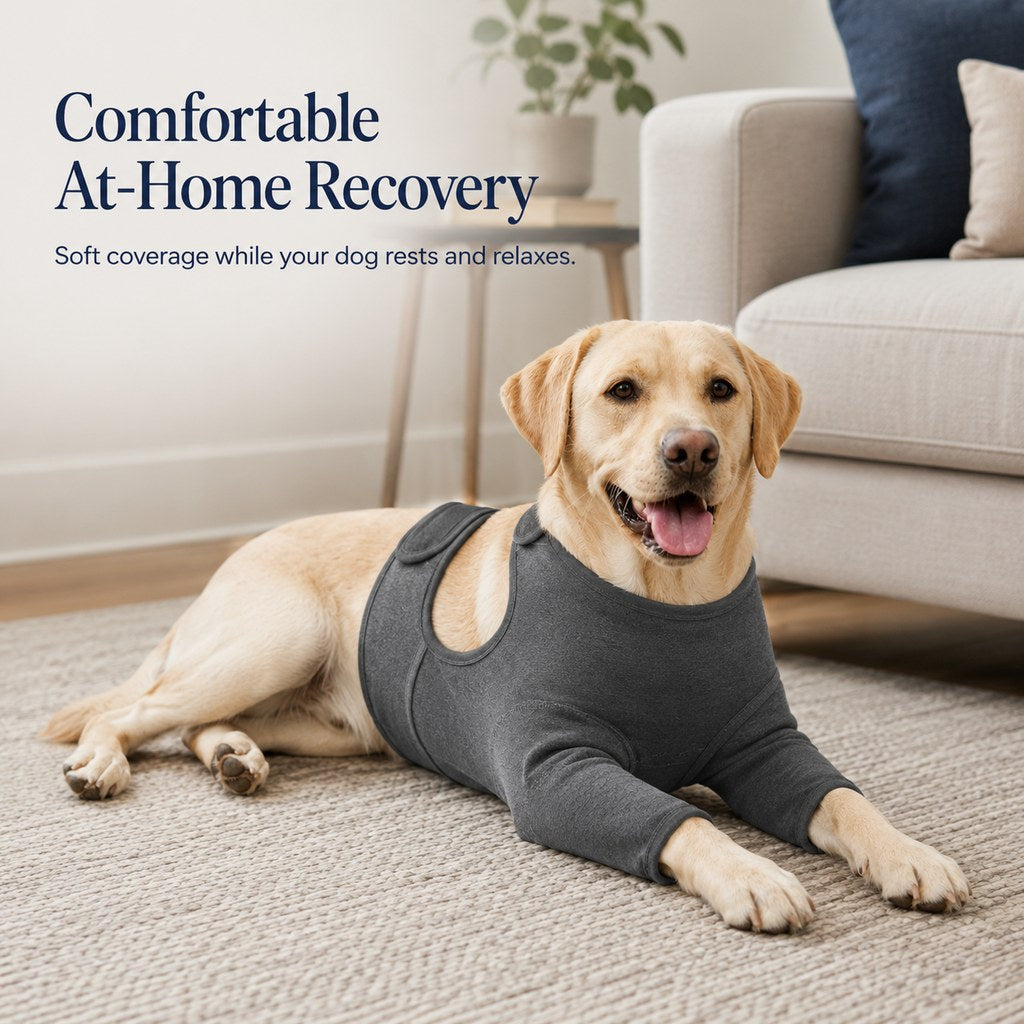 Charcoal gray dog front leg recovery suit for supervised at-home care