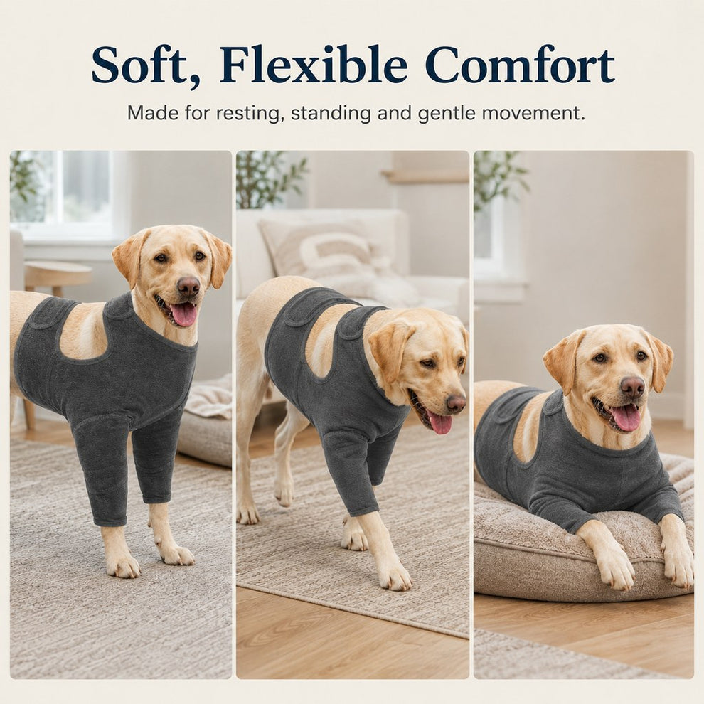 Soft flexible dog recovery clothing for resting and gentle movement