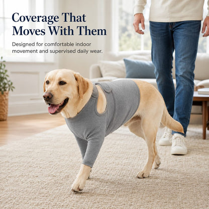 Heather gray dog front leg recovery suit for gentle indoor movement