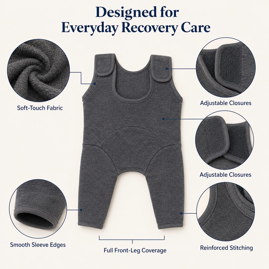 Dog front leg recovery suit fabric closures sleeve edges and stitching details