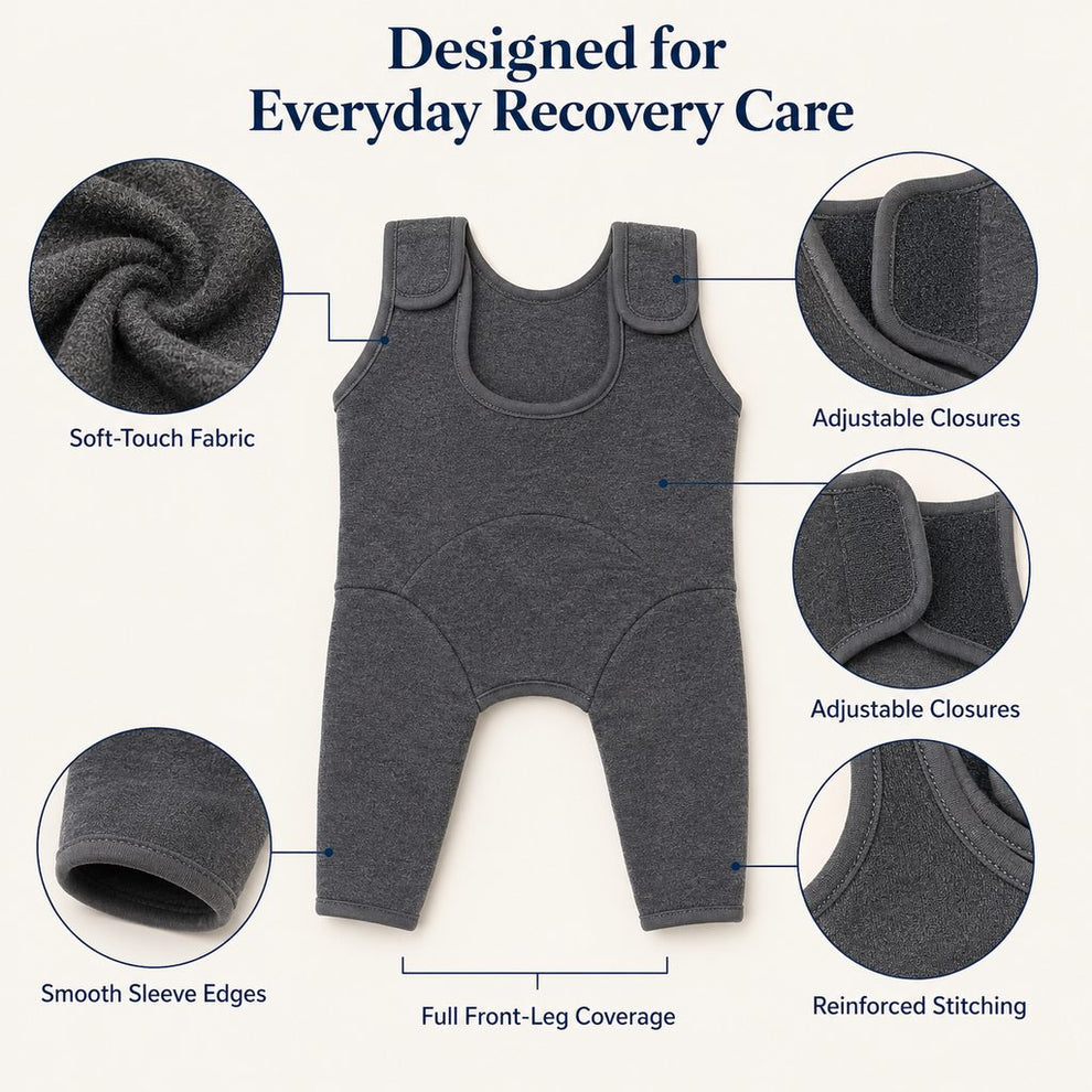 Dog front leg recovery suit fabric closures sleeve edges and stitching details