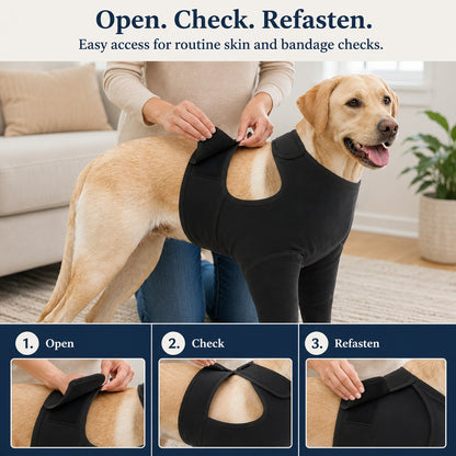 Dog recovery suit with easy access for skin and bandage checks