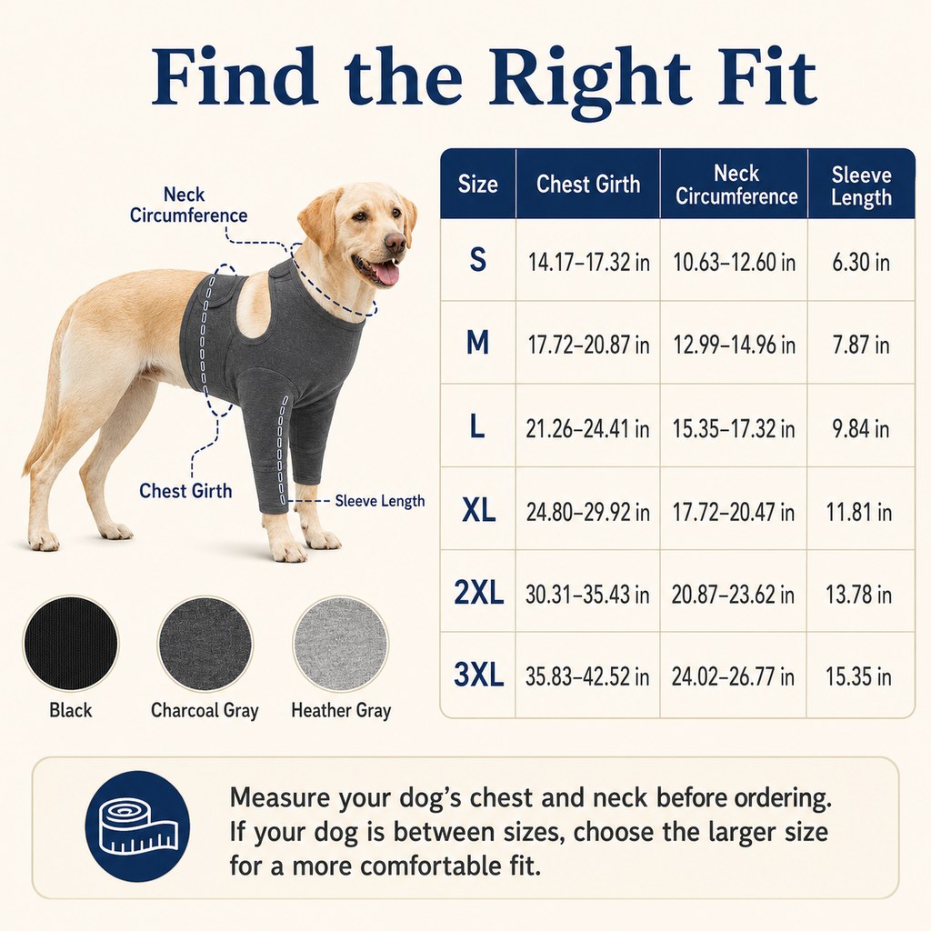 Dog front leg recovery suit size guide from S to 3XL