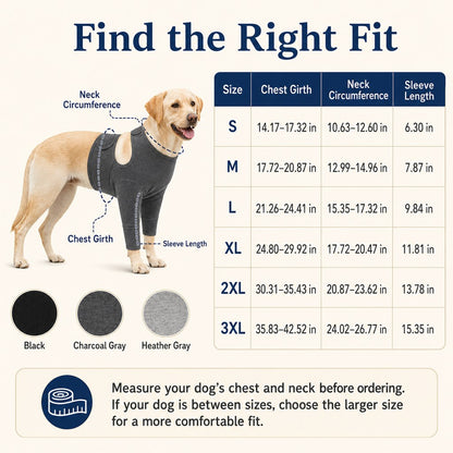 Dog front leg recovery suit size guide from S to 3XL
