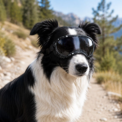 Black and white speckle photochromic dog goggles