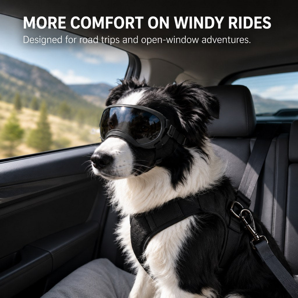 Dog goggles car ride lifestyle image