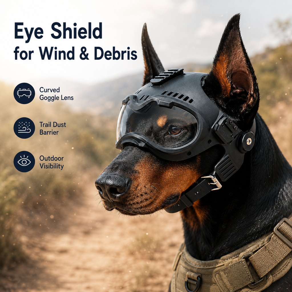 K9 tactical-style dog helmet with goggles for outdoor training