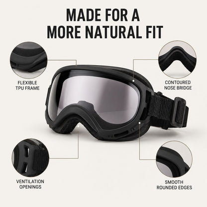 Dog goggles flexible frame and ventilation feature