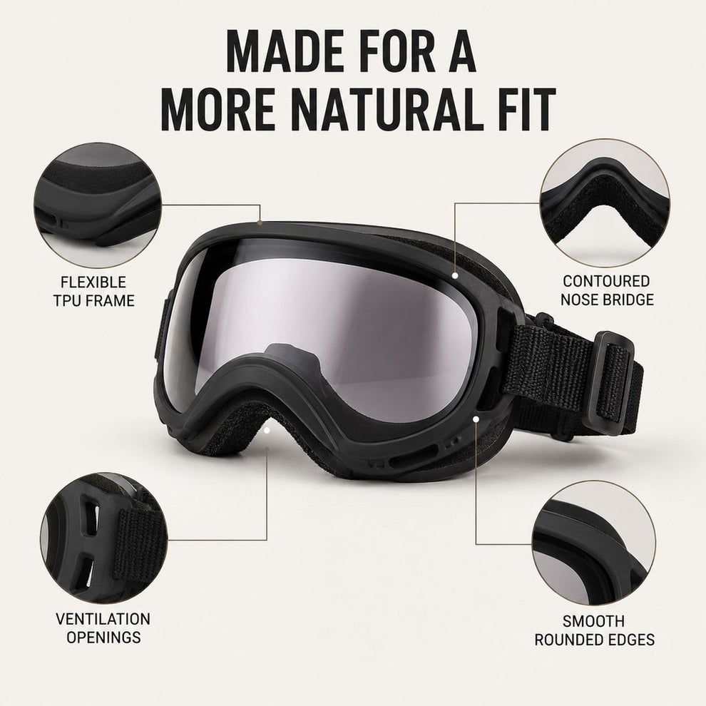 Dog goggles flexible frame and ventilation feature
