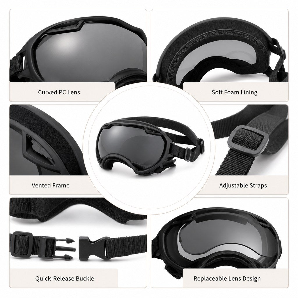 Outdoor dog goggles product details with vented frame and straps