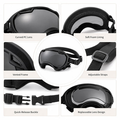 Outdoor dog goggles product details with vented frame and straps