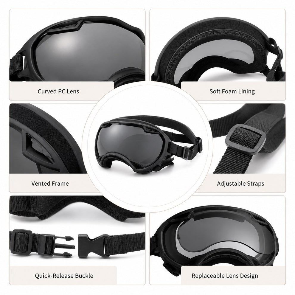 Outdoor dog goggles product details with vented frame and straps