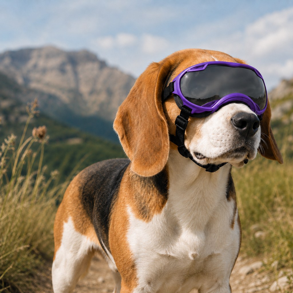 Purple outdoor dog goggles lifestyle image