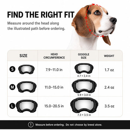 Outdoor dog goggles size guide for S M and L