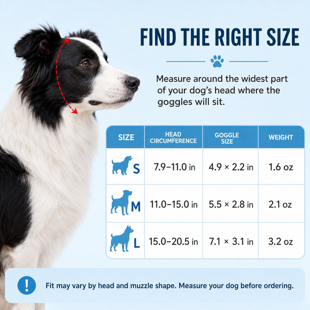 Dog goggles size and measurement chart