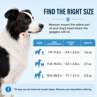 Dog goggles size and measurement chart