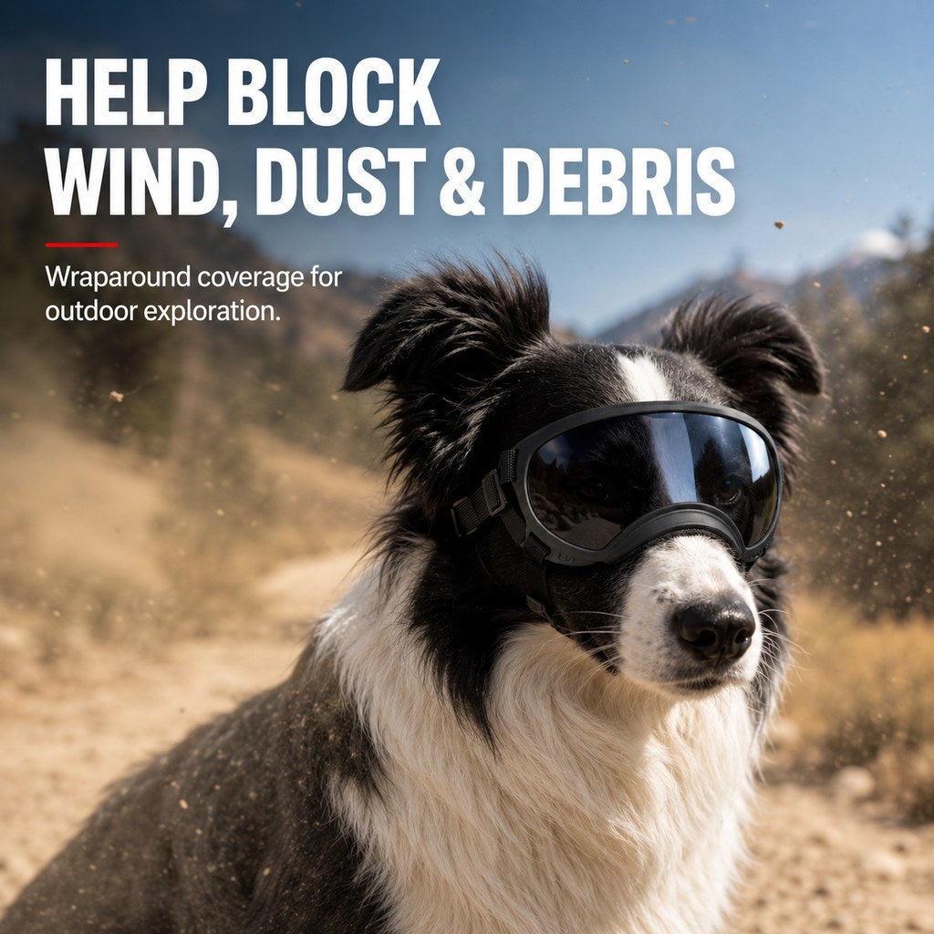 Dog goggles wind dust and debris coverage feature
