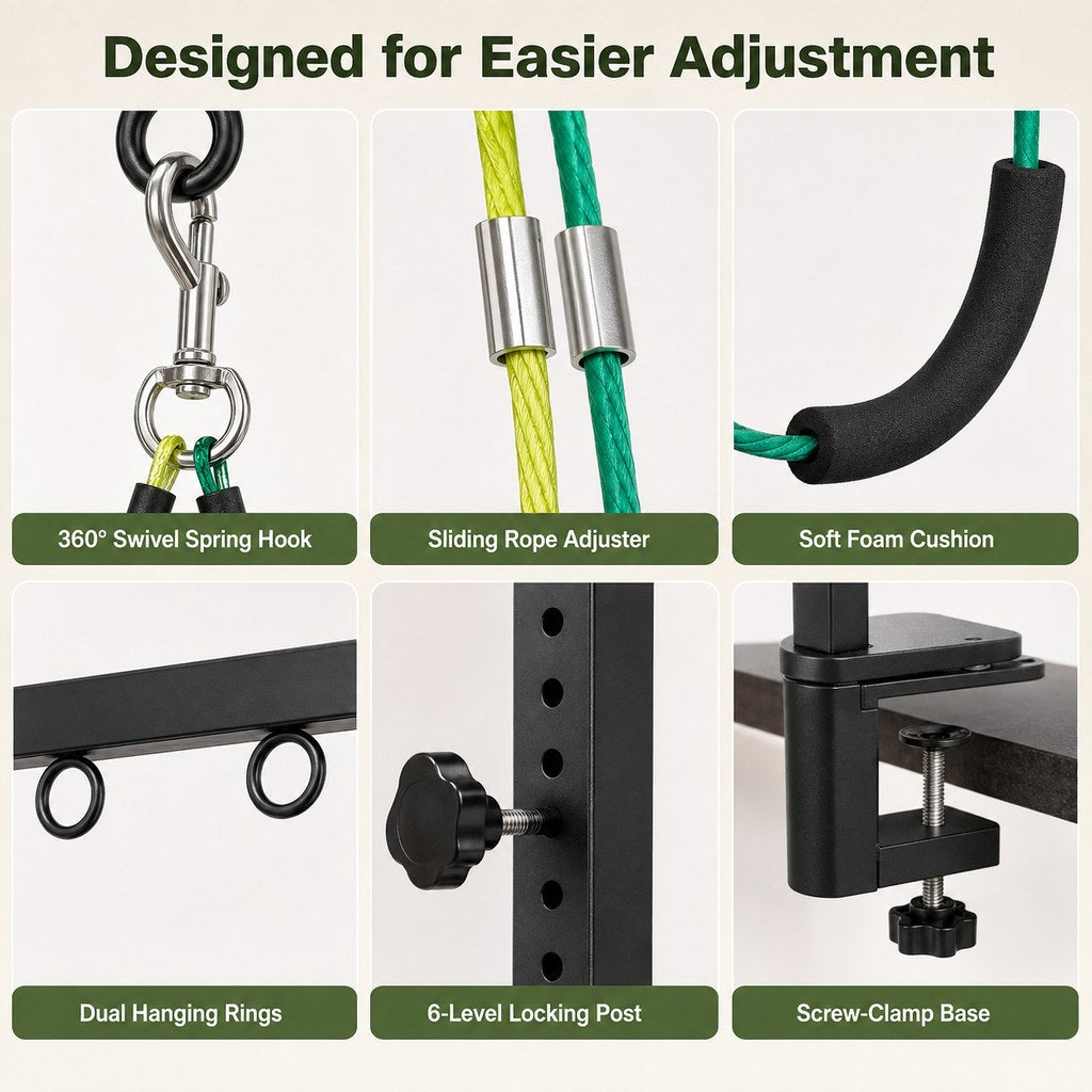 Dog grooming arm kit swivel hook rings height adjustment and clamp base