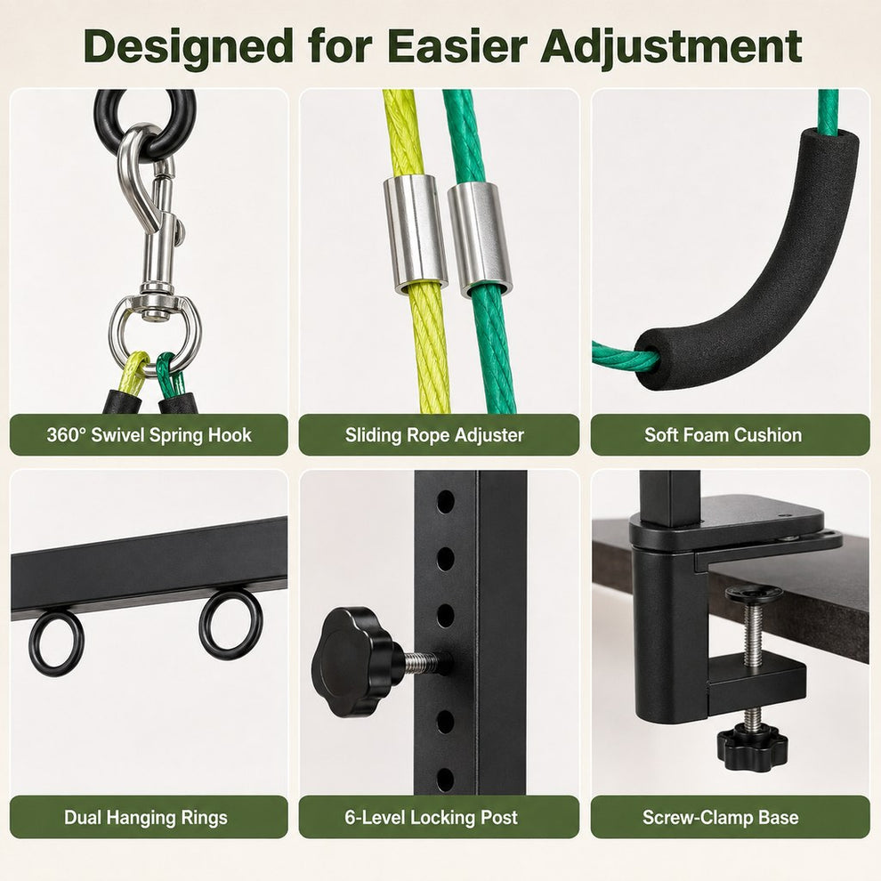 Dog grooming arm kit swivel hook rings height adjustment and clamp base