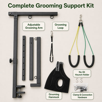 Complete dog grooming support kit with arm loop haunch holder hammock clamp and hardware