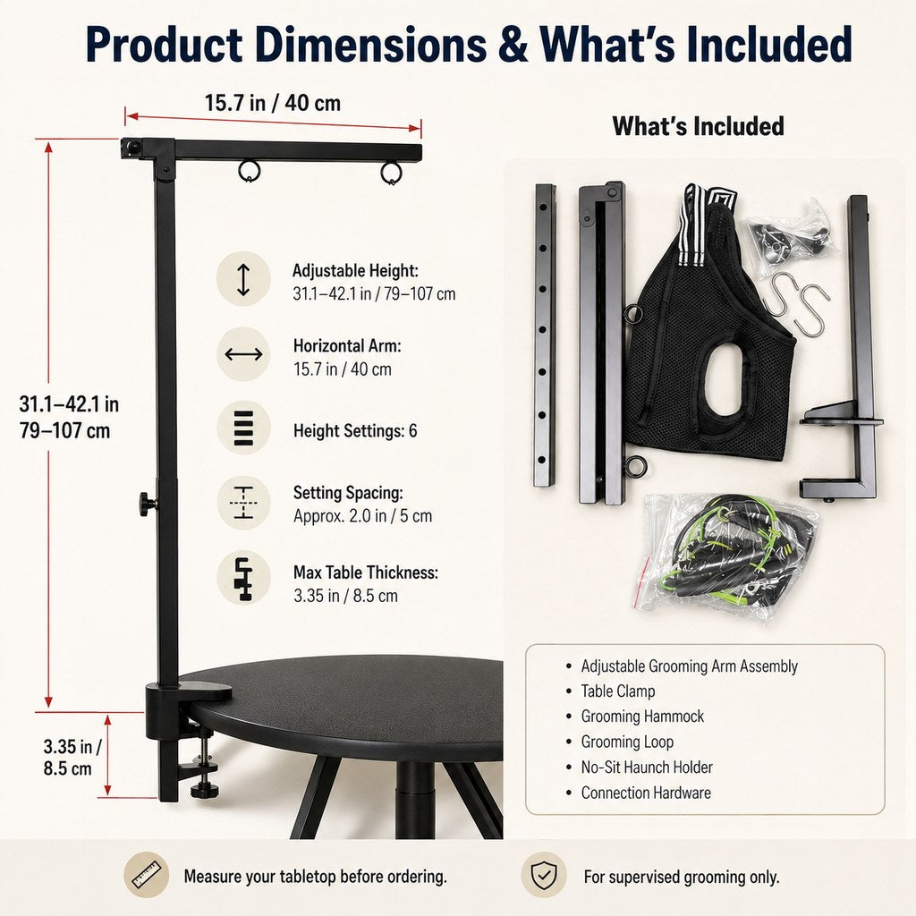 Adjustable dog grooming arm kit dimensions and included components