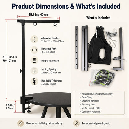 Adjustable dog grooming arm kit dimensions and included components