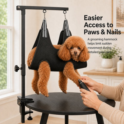 Dog grooming hammock attached to grooming arm for paw and nail care