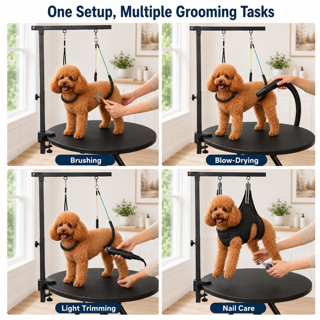 Dog grooming arm kit for brushing blow drying trimming and nail care