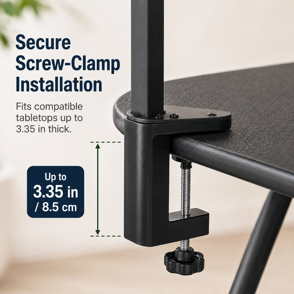 Secure screw clamp installation for adjustable dog grooming arm kit