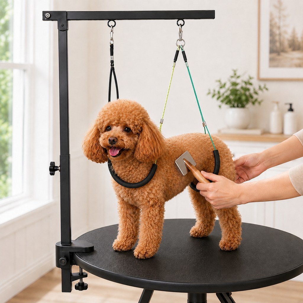 Adjustable grooming arm with padded haunch holder for brushing