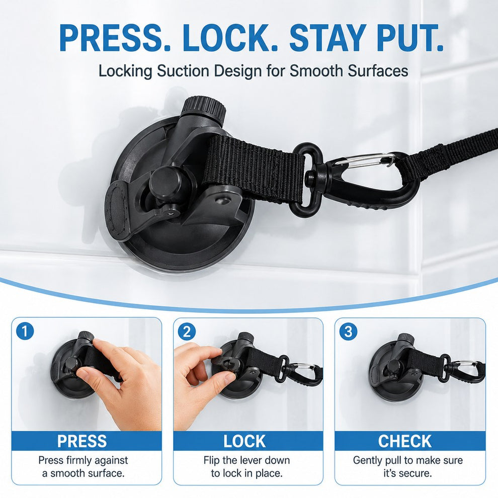 Press lock and check setup for dog grooming suction cup tether