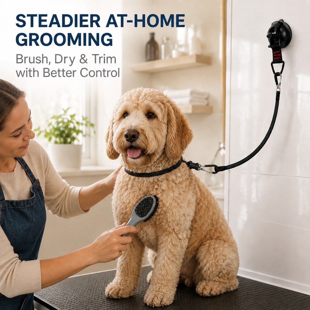 Black dog grooming suction cup tether for bath time