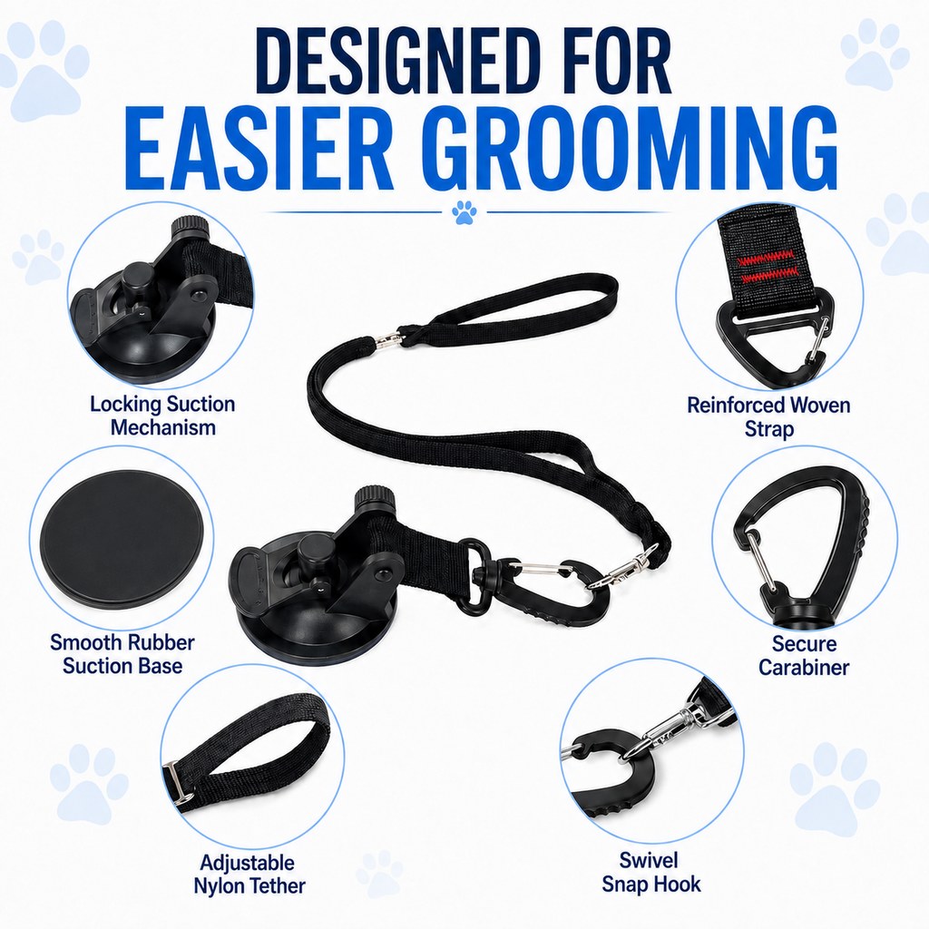 Dog grooming suction cup tether features with locking suction mechanism