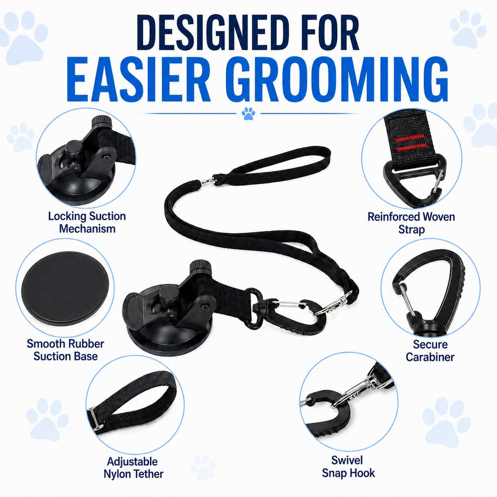 Dog grooming suction cup tether features with locking suction mechanism
