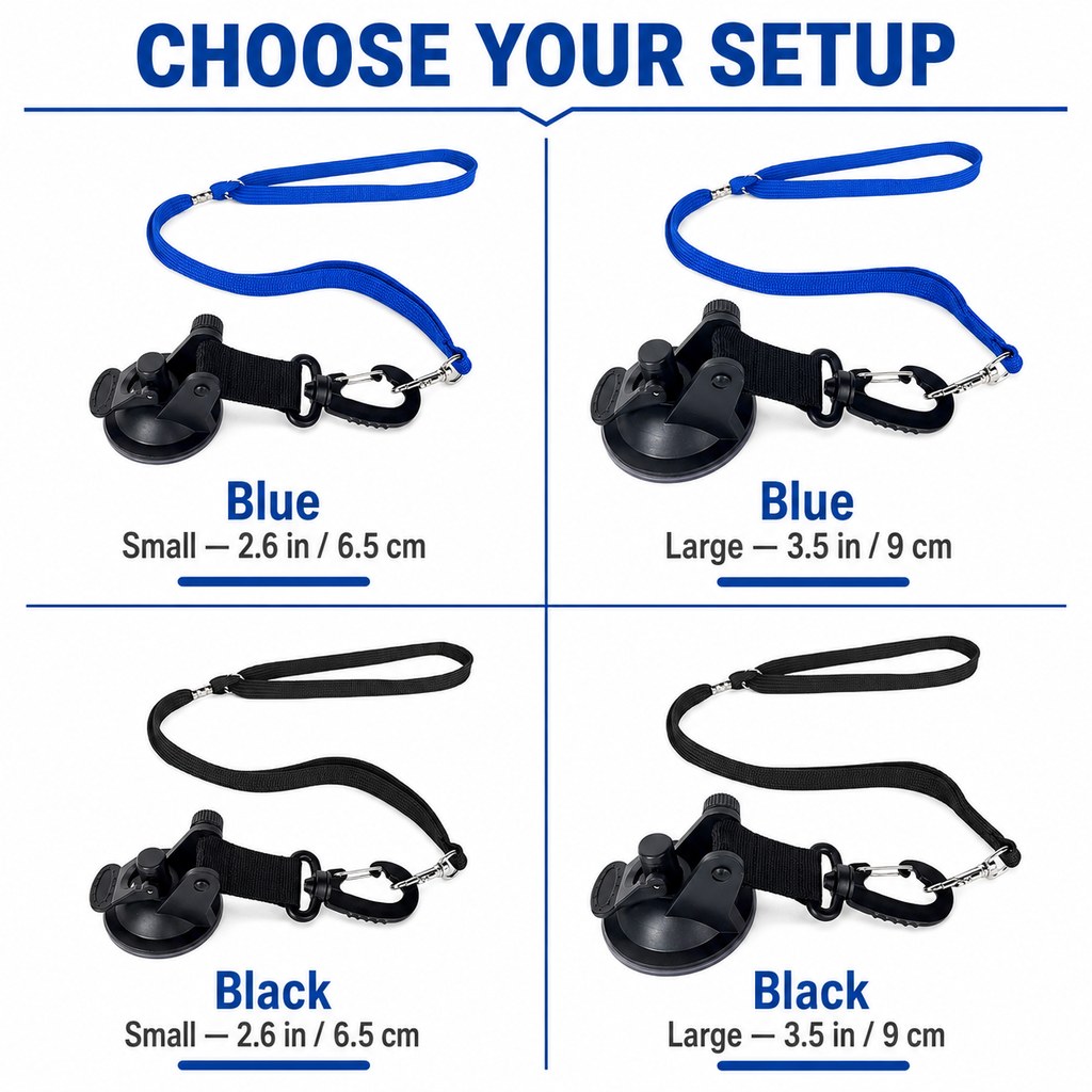 Blue and black dog grooming suction cup tether small and large options